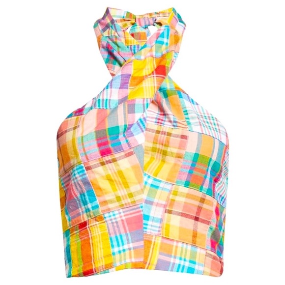 STAUD Kai Twist Colorful Cotton Patchwork Plaid Halter Top - Picture 2 of 4